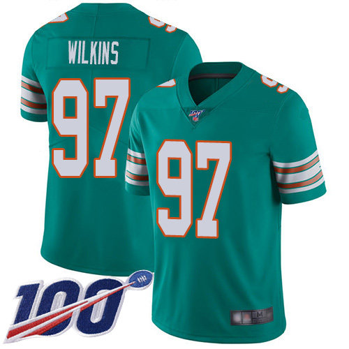 Nike Dolphins #97 Christian Wilkins Aqua Green Alternate Men’s Stitched NFL 100th Season Vapor Limited Jersey
