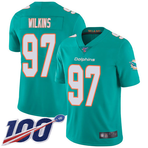 Nike Dolphins #97 Christian Wilkins Aqua Green Team Color Men’s Stitched NFL 100th Season Vapor Limited Jersey