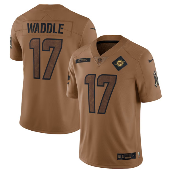 Men’s Miami Dolphins #17 Jaylen Waddle 2023 Brown Salute To Service Limited Football Stitched Jersey