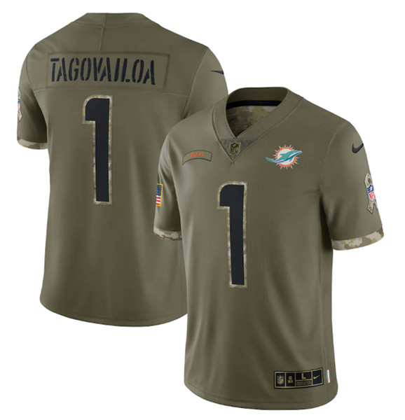 Men’s Miami Dolphins #1 Tua Tagovailoa 2022 Olive Salute To Service Limited Stitched Jersey