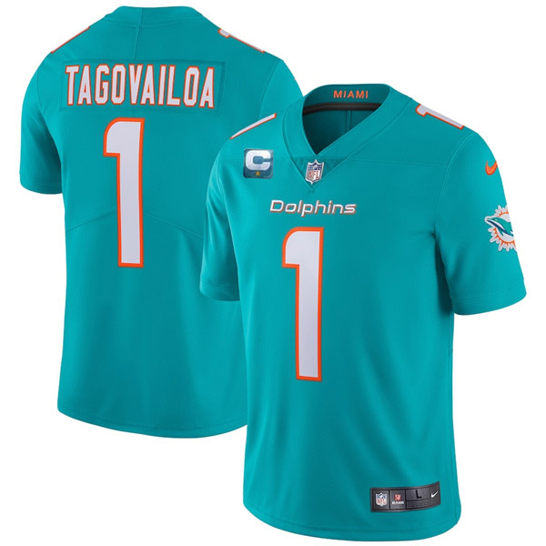 Men’s Miami Dolphins 2022 #1 Tua Tagovailoa Aqua With 1-star C Patch Vapor Limited Stitched NFL Jersey