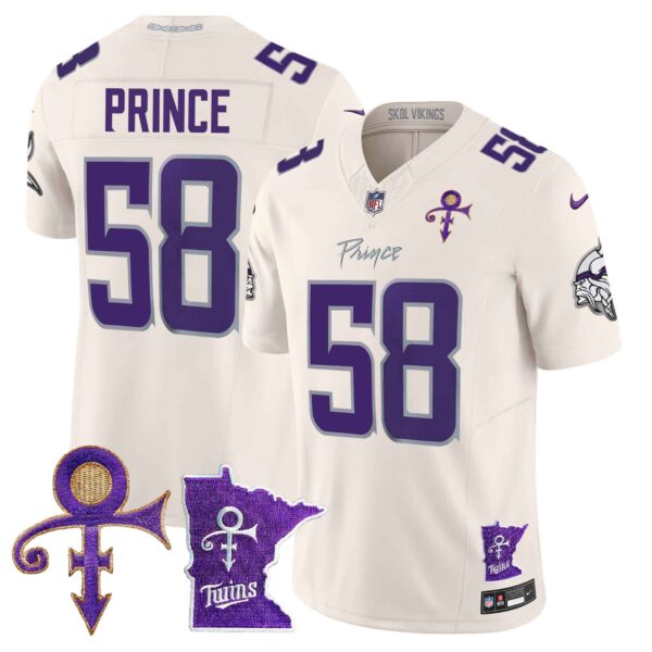 Men’s Minnesota Vikings 2024 Prince Vapor Limited Jersey V2 – All Stitched – Cream – Prince 1958