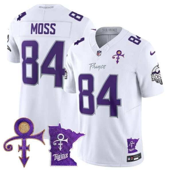 Men’s Minnesota Vikings 2024 Prince Vapor Limited Jersey V2 – All Stitched – White Limited – Randy Moss