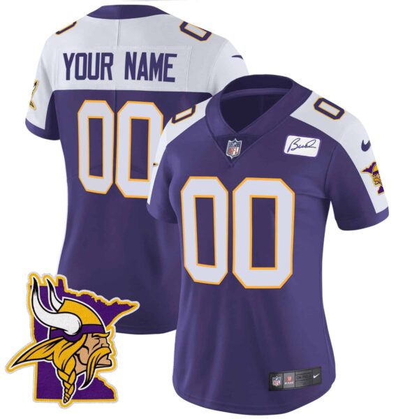 Vikings Bud Grant Patch Classic Limited Custom Jersey V5 – All Stitched – Women – Purple Alternate