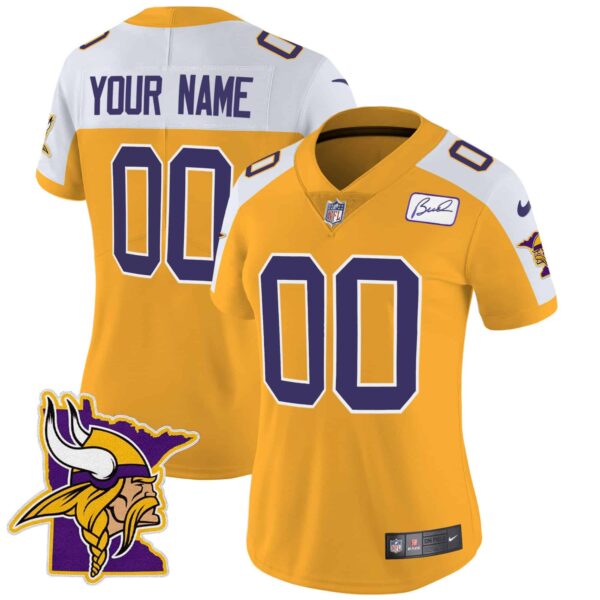 Vikings Bud Grant Patch Classic Limited Custom Jersey V5 – All Stitched – Women – Gold Alternate