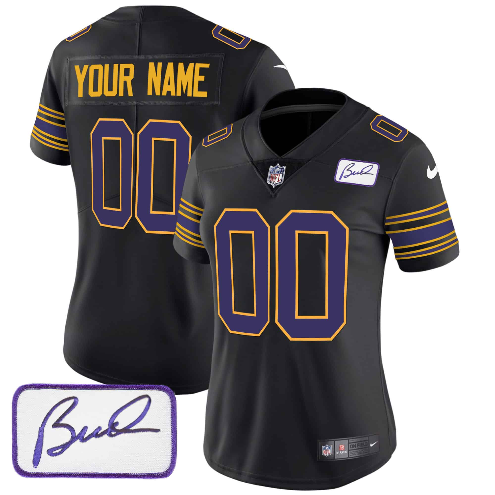 Vikings Bud Grant Patch Classic Limited Custom Jersey – All Stitched – Women – Black