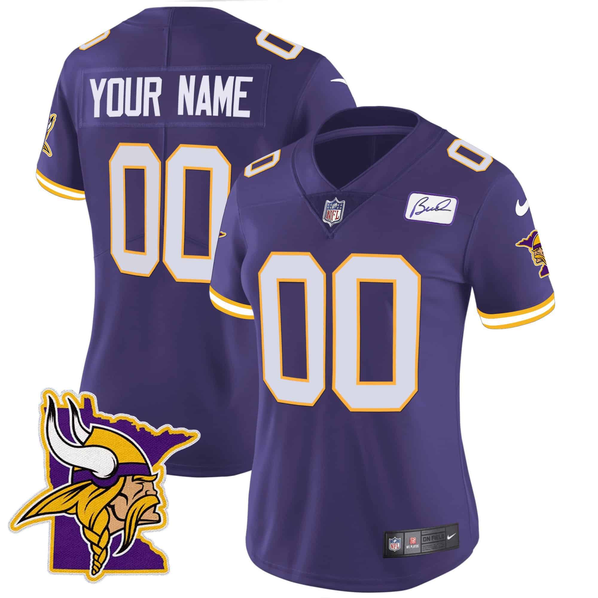 Vikings Bud Grant Patch Classic Limited Custom Jersey V5 – All Stitched – Women – Purple