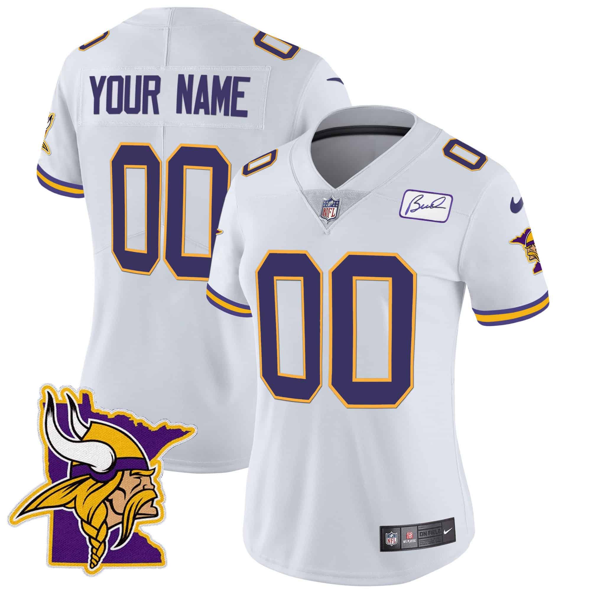 Vikings Bud Grant Patch Classic Limited Custom Jersey V5 – All Stitched – Women – White