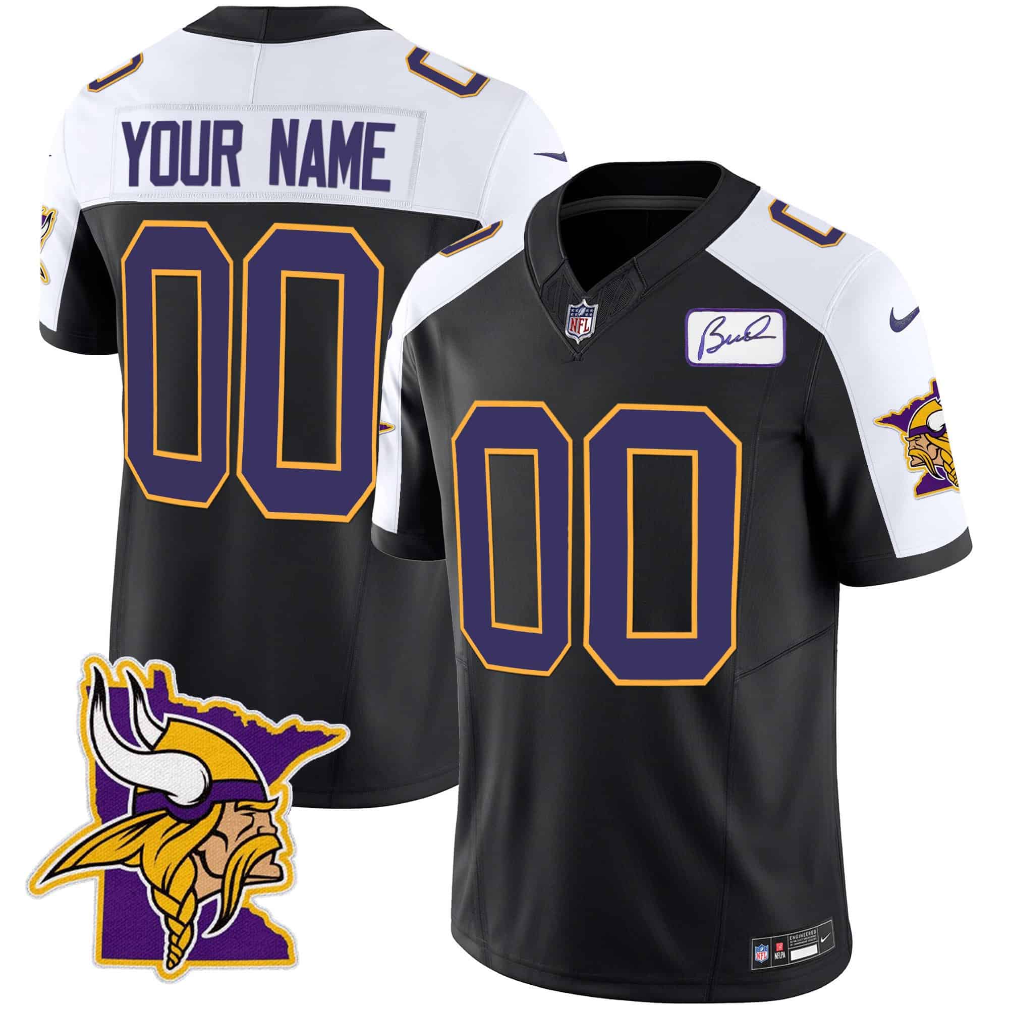 Vikings Bud Grant Patch Classic Limited Custom Jersey V5 – All Stitched – Men – Black Alternate