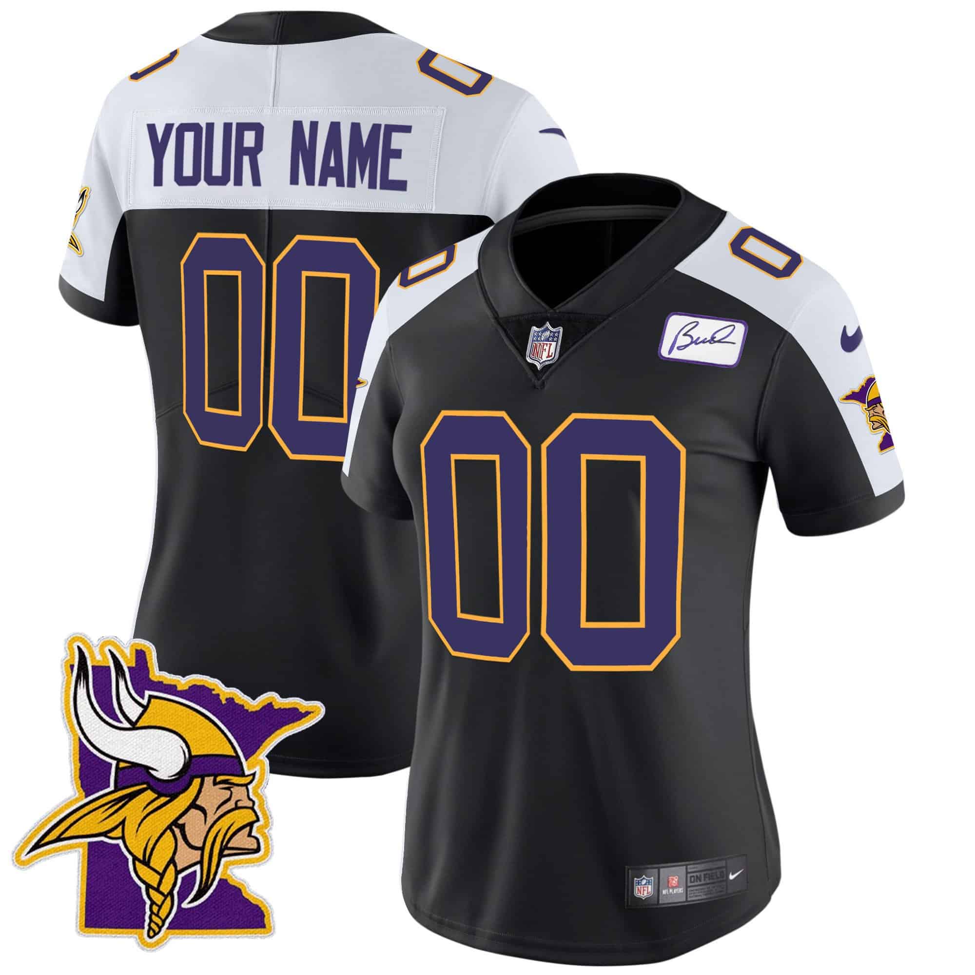 Vikings Bud Grant Patch Classic Limited Custom Jersey V5 – All Stitched – Women – Black Alternate