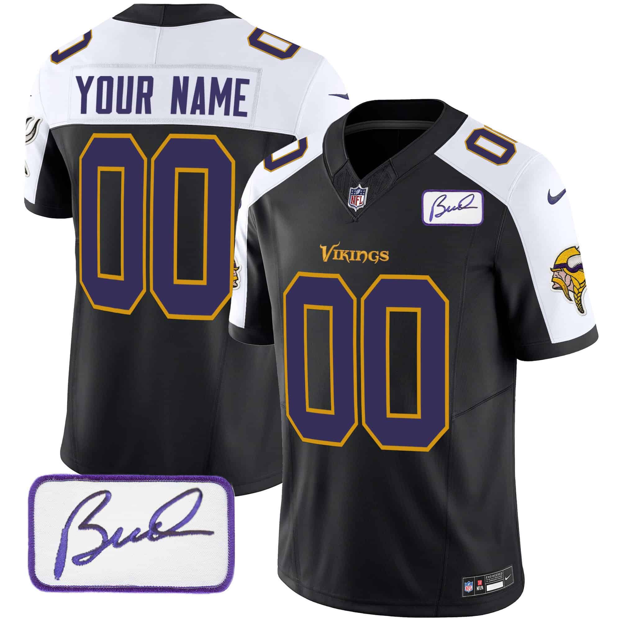 Vikings Bud Grant Patch Classic Limited Custom Jersey V6 – All Stitched – Youth – Black Alternate
