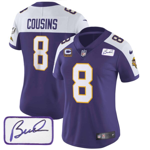 Women’s Vikings Bud Grant Patch Classic Limited Jersey V3 – All Stitched – Purple Alternate – Kirk Cousins