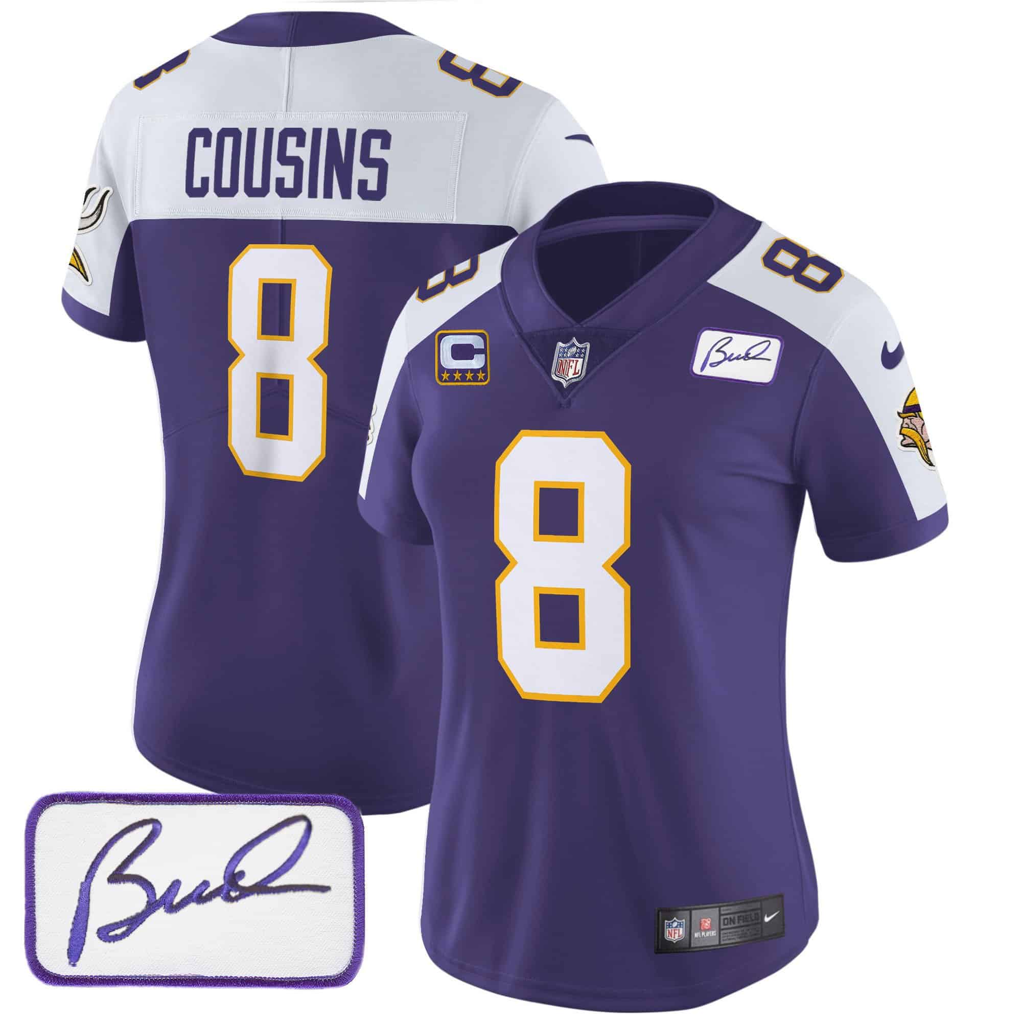 Women’s Vikings Bud Grant Patch Classic Limited Jersey V3 – All Stitched – Purple Alternate – Kirk Cousins