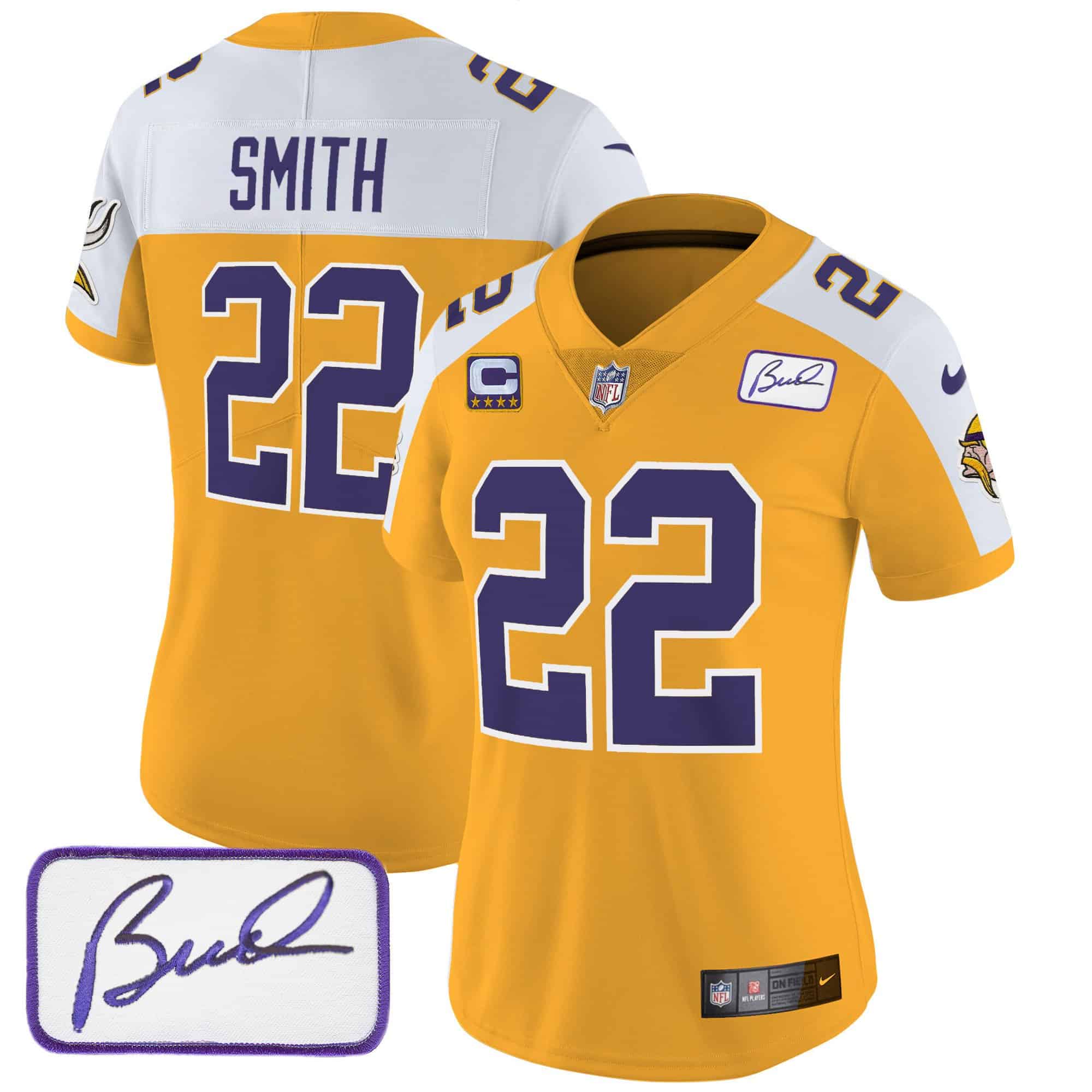 Women’s Vikings Bud Grant Patch Classic Limited Jersey V3 – All Stitched – Gold Alternate – Harrison Smith