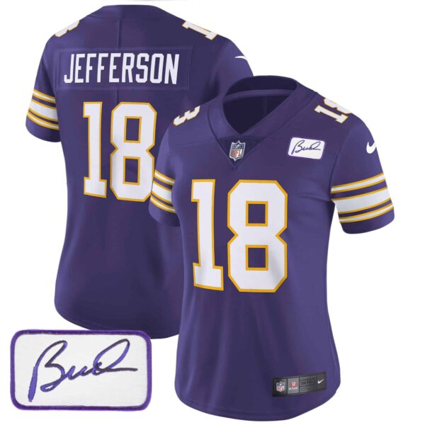 Women’s Vikings Bud Grant Patch Classic Limited Jersey – All Stitched – Purple – Justin Jefferson