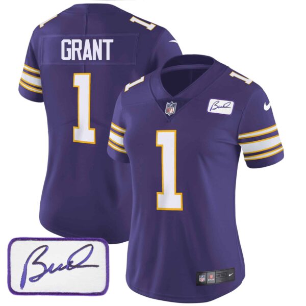 Women’s Vikings Bud Grant Patch Classic Limited Jersey – All Stitched – Purple – Bud Grant