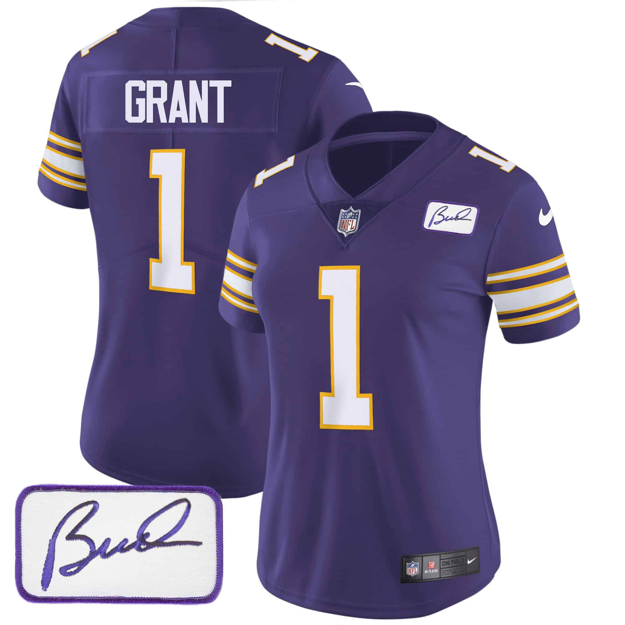Women’s Vikings Bud Grant Patch Classic Limited Jersey – All Stitched – Purple – Bud Grant