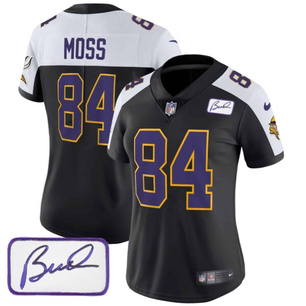 Women’s Vikings Bud Grant Patch Classic Limited Jersey V3 – All Stitched – Black Alternate – Randy Moss