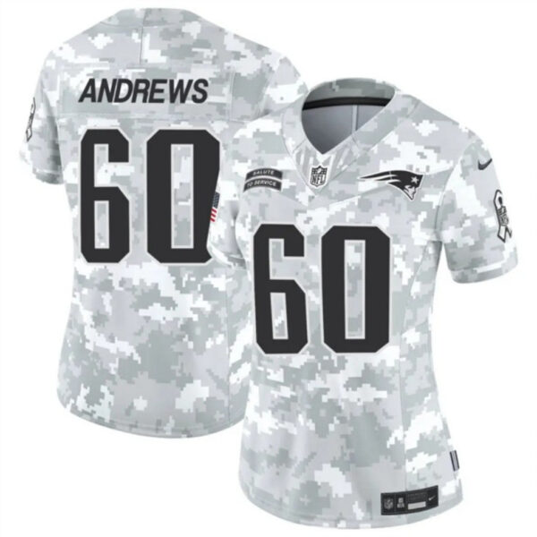 Women New England Patriots #60 David Andrews 2024 FUSE Arctic Camo Salute To Service Limited Football Stitched Jersey