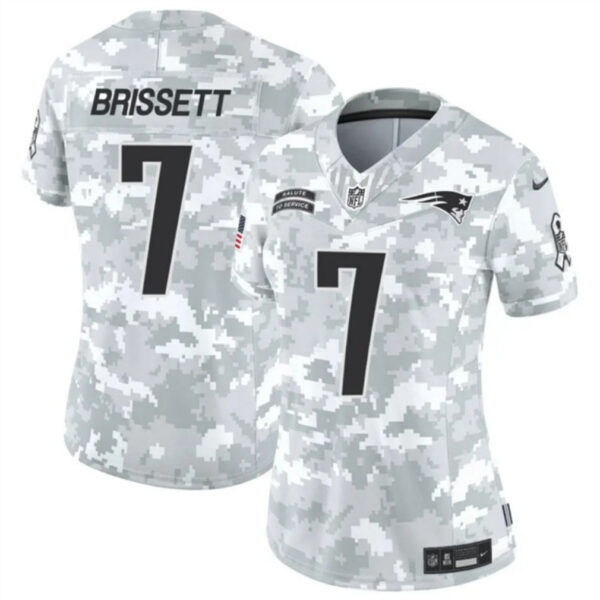 Women New England Patriots #7 Jacoby Brissett 2024 FUSE Arctic Camo Salute To Service Limited Football Stitched Jersey