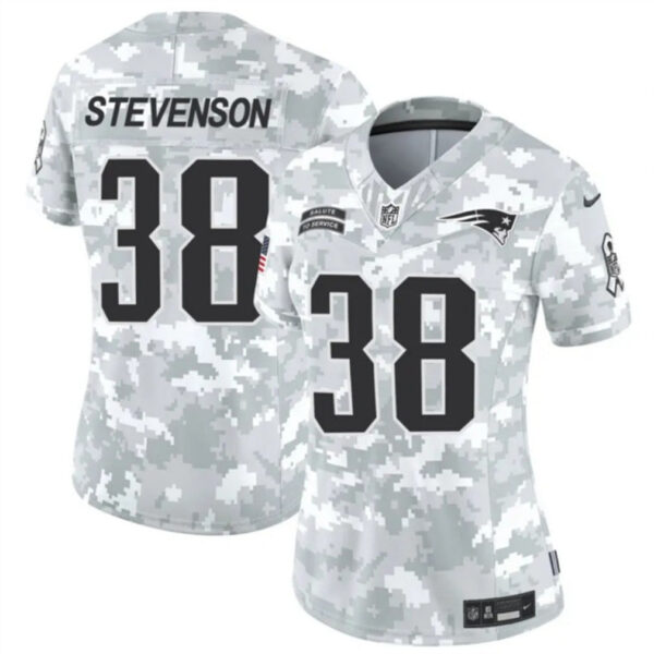 Women New England Patriots #38 Rhamondre Stevenson 2024 FUSE Arctic Camo Salute To Service Limited Football Stitched Jersey
