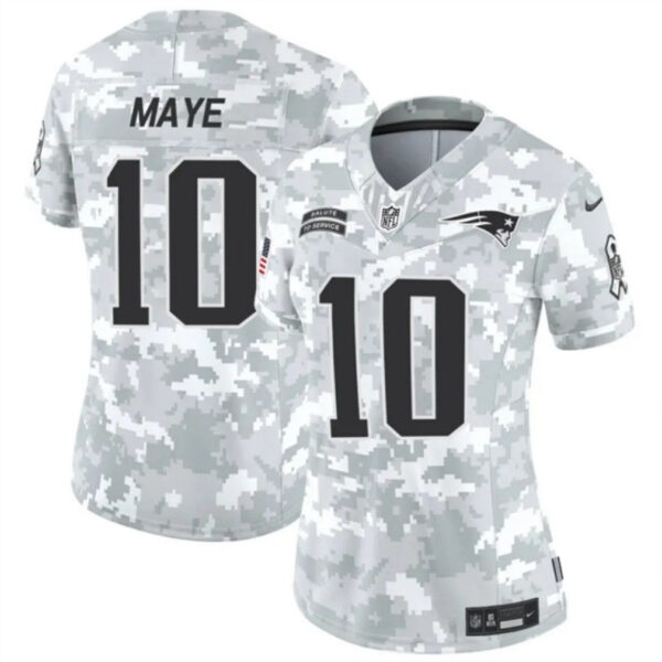 Women New England Patriots #10 Drake Maye 2024 FUSE Arctic Camo Salute To Service Limited Football Stitched Jersey