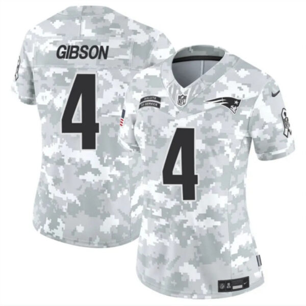 Women New England Patriots #4 Antonio Gibson 2024 FUSE Arctic Camo Salute To Service Limited Football Stitched Jersey