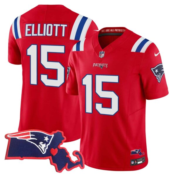 Men’s Patriots Massachusetts Patch Vapor Jersey – All Stitched – Red – Ezekiel Elliott