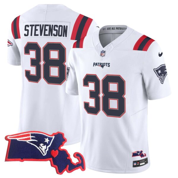 Men’s Patriots Massachusetts Patch Vapor Jersey – All Stitched – White – Rhamondre Stevenson