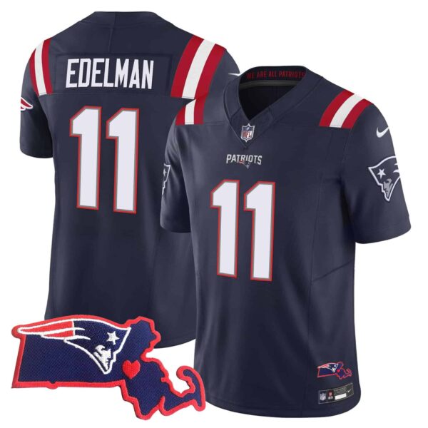 Men’s Patriots Massachusetts Patch Vapor Jersey – All Stitched – Navy – Julian Edelman