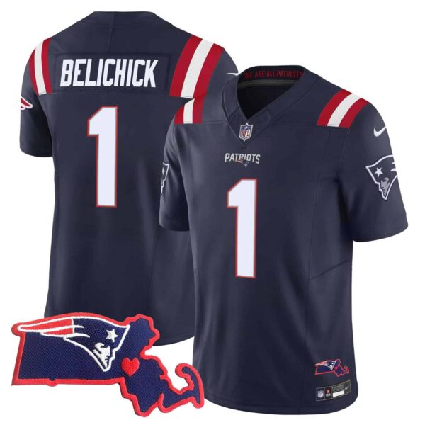 Men’s Patriots Massachusetts Patch Vapor Jersey – All Stitched – Navy – Bill Belichick