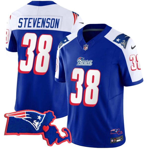 Men’s Patriots Massachusetts Patch Vapor Jersey – All Stitched – 1996 Alternate – Rhamondre Stevenson