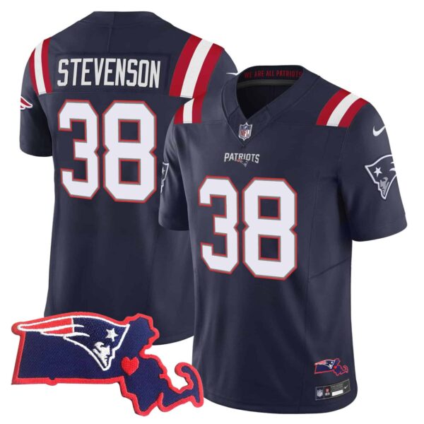 Men’s Patriots Massachusetts Patch Vapor Jersey – All Stitched – Navy – Rhamondre Stevenson