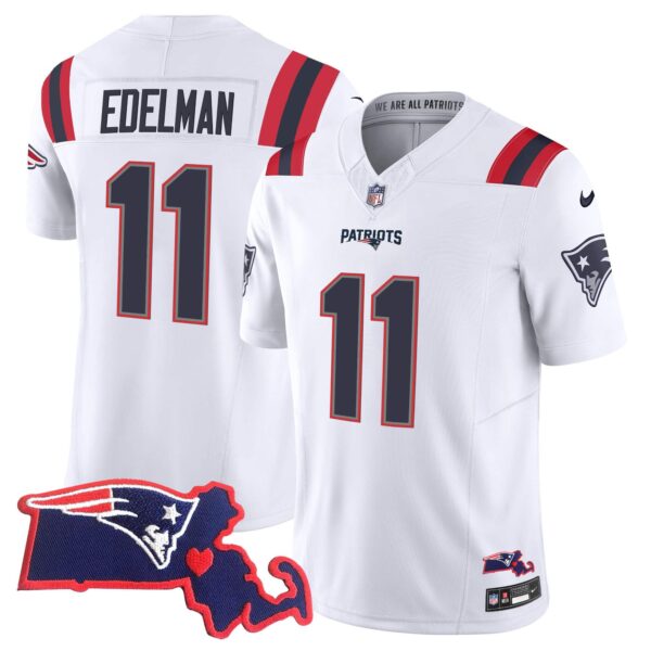 Men’s Patriots Massachusetts Patch Vapor Jersey – All Stitched – White – Julian Edelman
