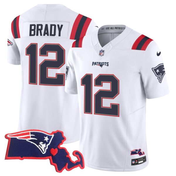 Men’s Patriots Massachusetts Patch Vapor Jersey – All Stitched – White – Tom Brady