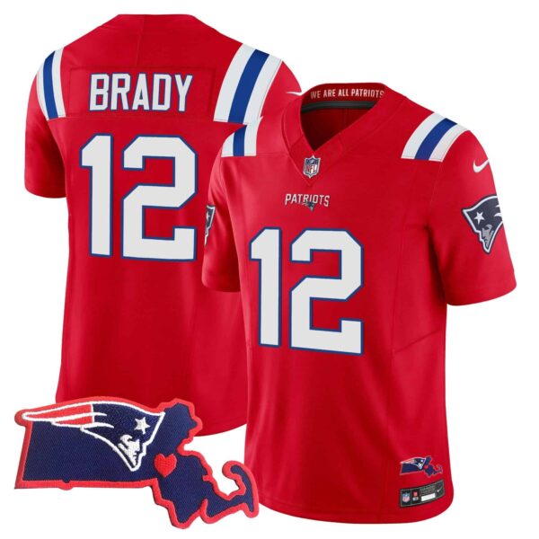 Men’s Patriots Massachusetts Patch Vapor Jersey – All Stitched – Red – Tom Brady