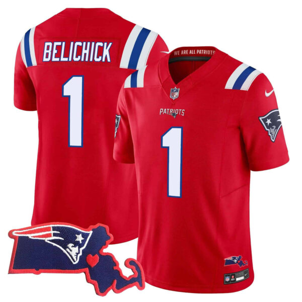 Men’s Patriots Massachusetts Patch Vapor Jersey – All Stitched – Red – Bill Belichick