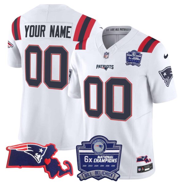 Patriots Bill Belichick 6x Champions Patch Vapor Custom Jersey – All Stitched – Men – White