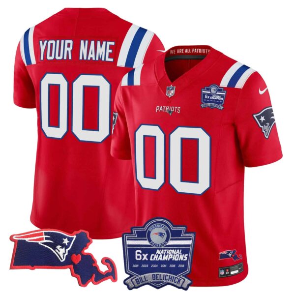 Patriots Bill Belichick 6x Champions Patch Vapor Custom Jersey – All Stitched – Men – Red