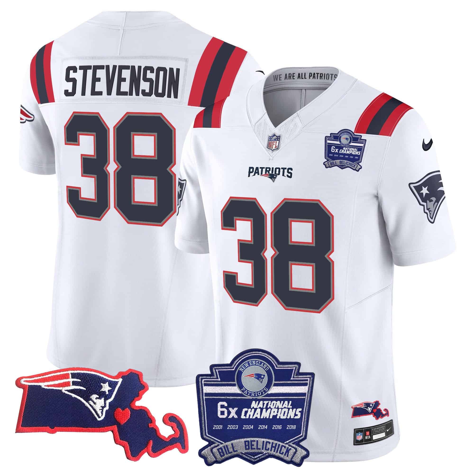Women’s Patriots Bill Belichick 6x Champions Patch Vapor Jersey – All Stitched – White – Rhamondre Stevenson