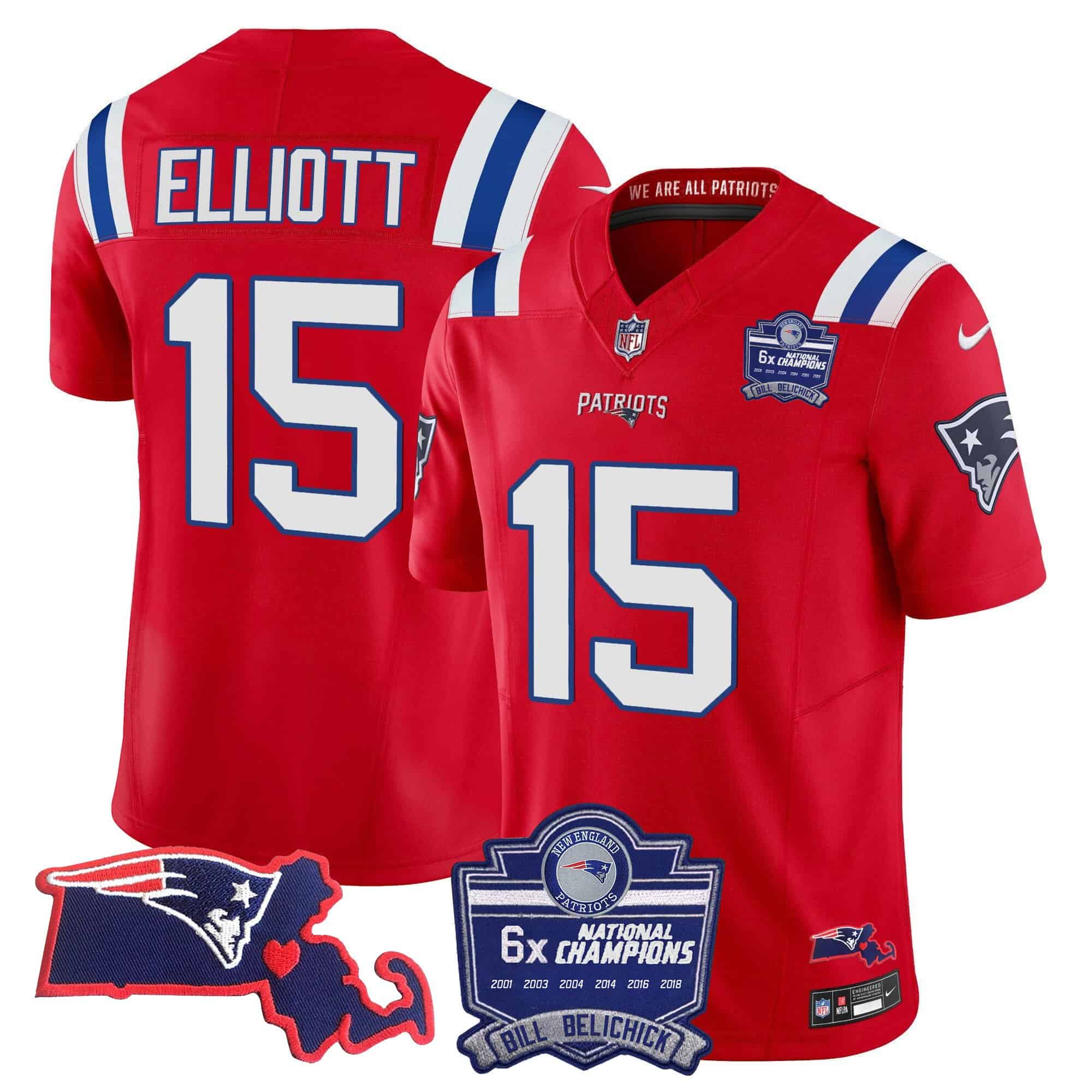 Women’s Patriots Bill Belichick 6x Champions Patch Vapor Jersey – All Stitched – Red – Ezekiel Elliott