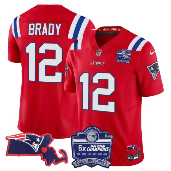 Women’s Patriots Bill Belichick 6x Champions Patch Vapor Jersey – All Stitched – Red – Tom Brady