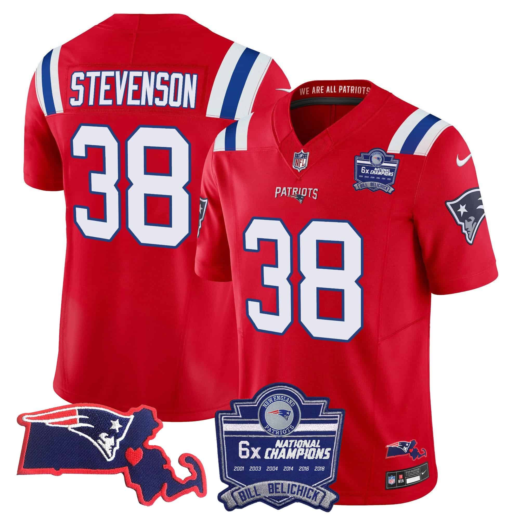 Women’s Patriots Bill Belichick 6x Champions Patch Vapor Jersey – All Stitched – Red – Rhamondre Stevenson