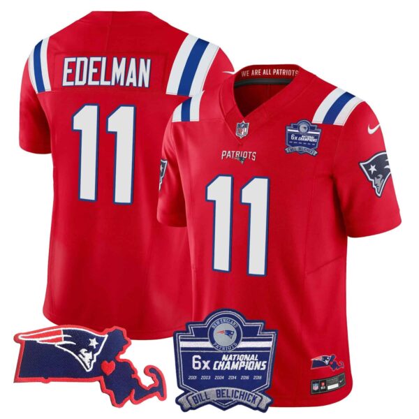 Women’s Patriots Bill Belichick 6x Champions Patch Vapor Jersey – All Stitched – Red – Julian Edelman