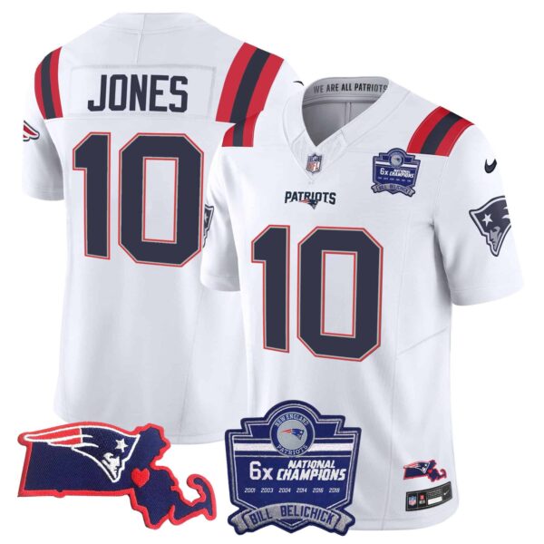 Women’s Patriots Bill Belichick 6x Champions Patch Vapor Jersey – All Stitched – White – Mac Jones