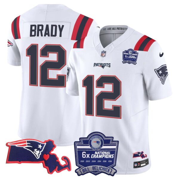 Women’s Patriots Bill Belichick 6x Champions Patch Vapor Jersey – All Stitched – White – Tom Brady