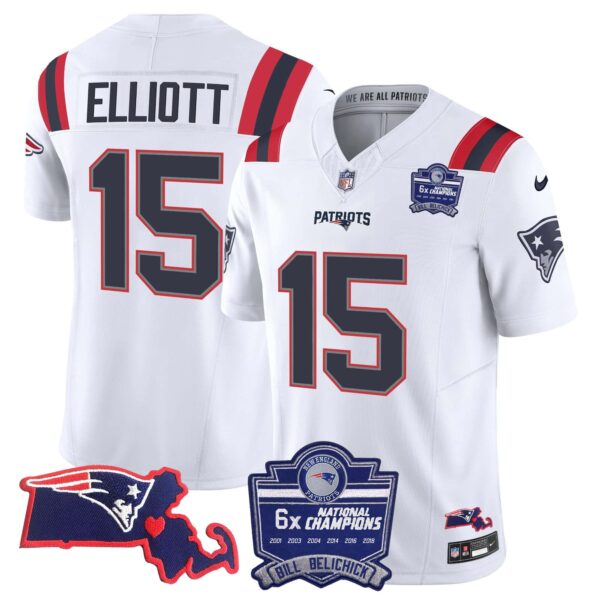Women’s Patriots Bill Belichick 6x Champions Patch Vapor Jersey – All Stitched – White – Ezekiel Elliott