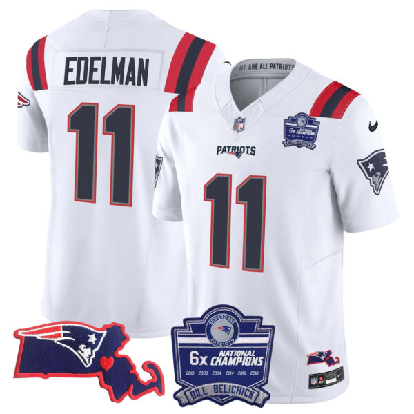 Women’s Patriots Bill Belichick 6x Champions Patch Vapor Jersey – All Stitched – White – Julian Edelman