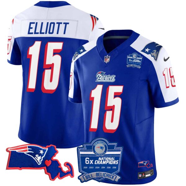 Women’s Patriots Bill Belichick 6x Champions Patch Vapor Jersey – All Stitched – 1996 Alternate – Ezekiel Elliott