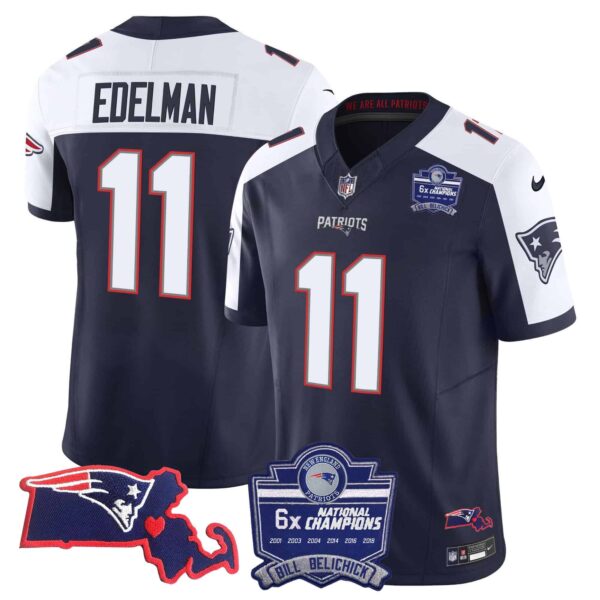 Women’s Patriots Bill Belichick 6x Champions Patch Vapor Jersey – All Stitched – Alternate – Julian Edelman
